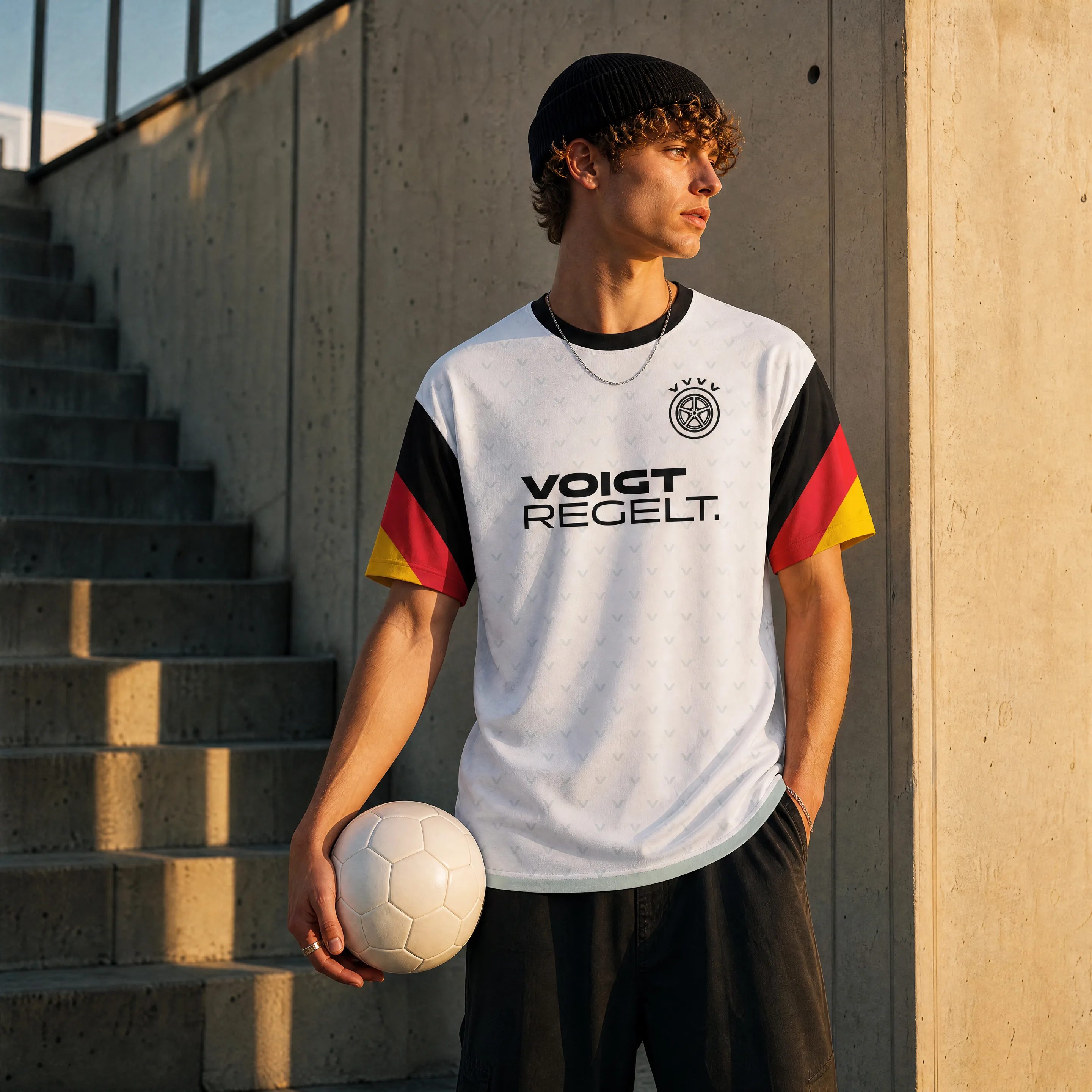 Junger Mann im VOIGT Fantrikot mit Fußball