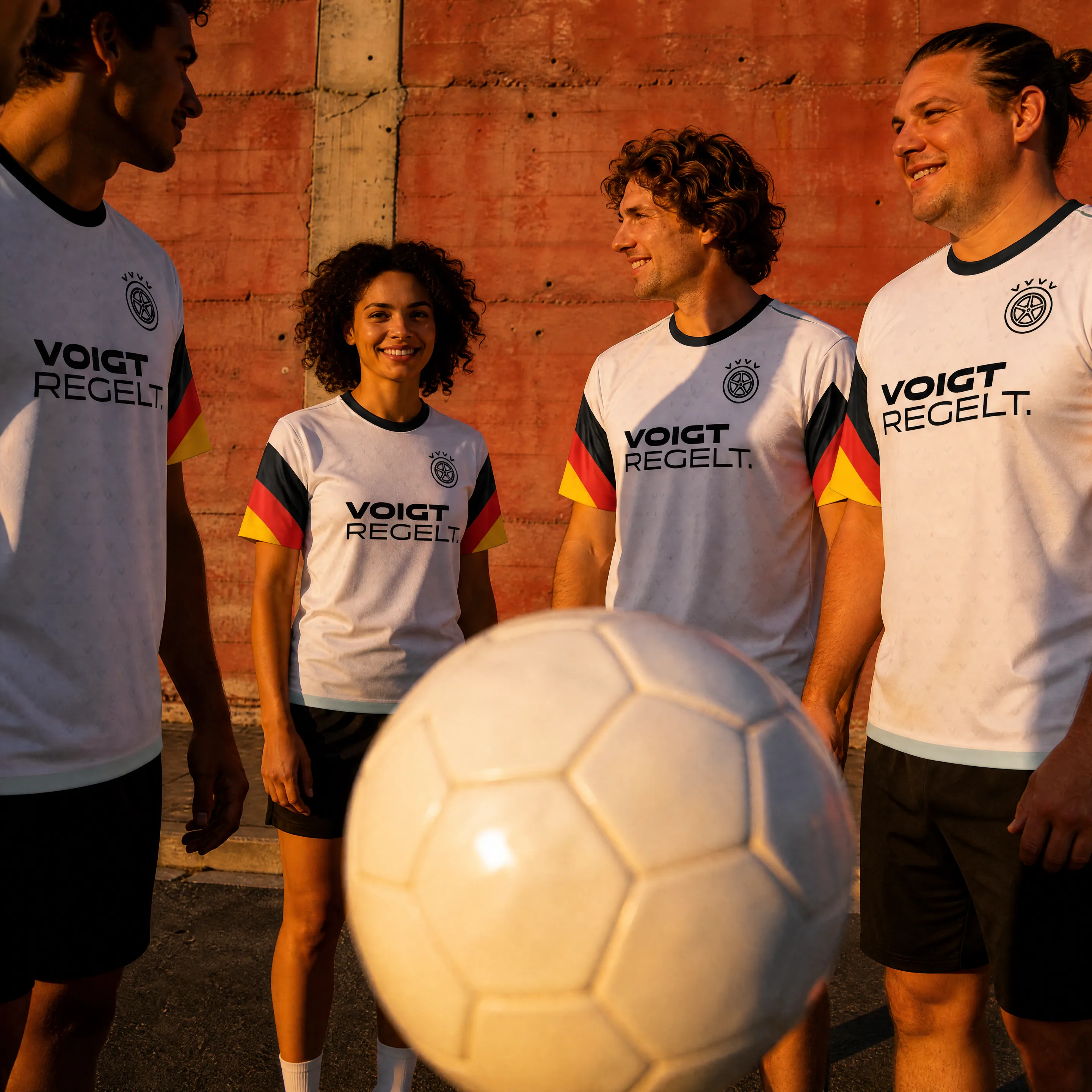 Spielerinnen und Spieler im Kreis um einen Fußball